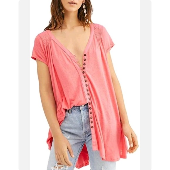 Free People Highland Linen Blend Summer Tee Top Pink Oversized Size XS - Picture 5 of 7